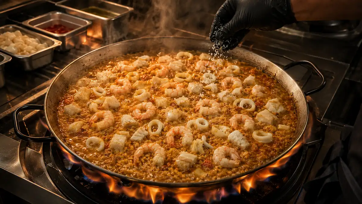 Arroz del senyoret cooking in a paella pan over the heat