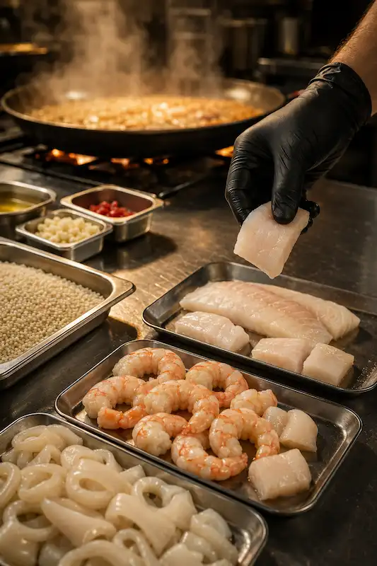 Peeled prawns, squid, cuttlefish and rice for arroz del senyoret at Fum de Llum