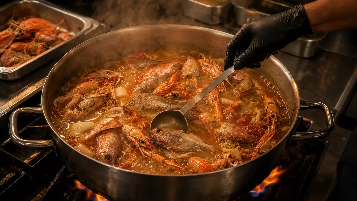 Ingredientes del arroz del senyoret: marisco pelado, fumet y arroz bomba DOP